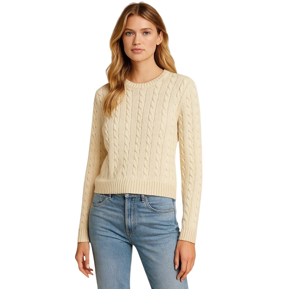 Lands End Drifter Cable Knit Sweater Cream Cotton Crew Neck Large 14-16
